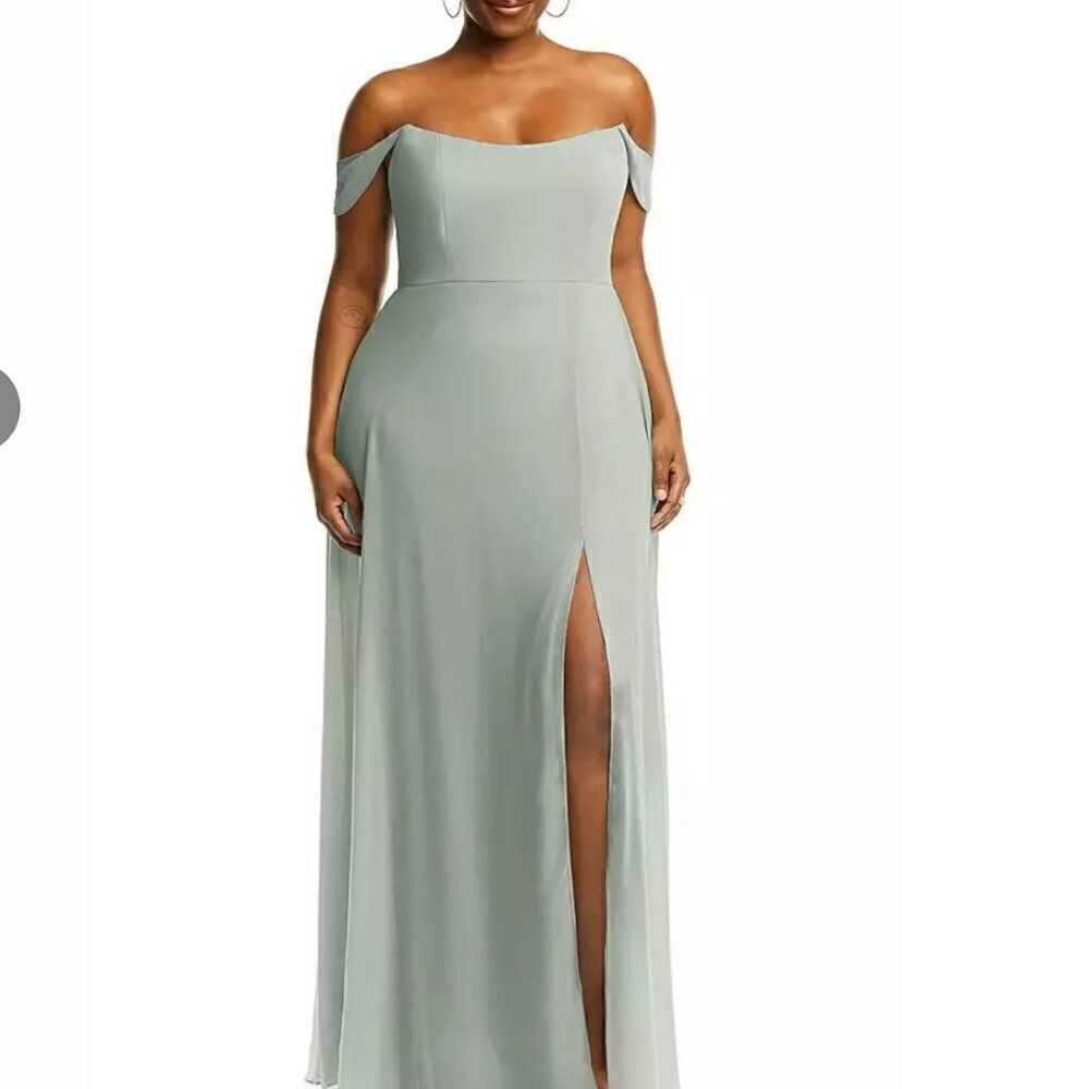 Off-the-Shoulder Basque Neck Maxi Dress Flounce Sleeves in Willow Green NWT 14R